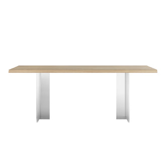 Close-up of the Bruno 200cm Acrylic Floating Dining Table Natural, highlighting its sleek design with a wood-look tabletop and clear acrylic legs, creating a modern, airy floating effect.