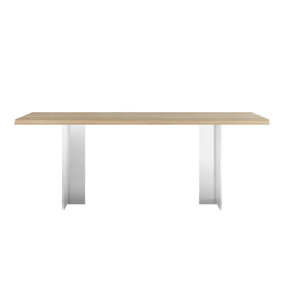 Close-up of the Bruno 200cm Acrylic Floating Dining Table Natural, highlighting its sleek design with a wood-look tabletop and clear acrylic legs, creating a modern, airy floating effect.