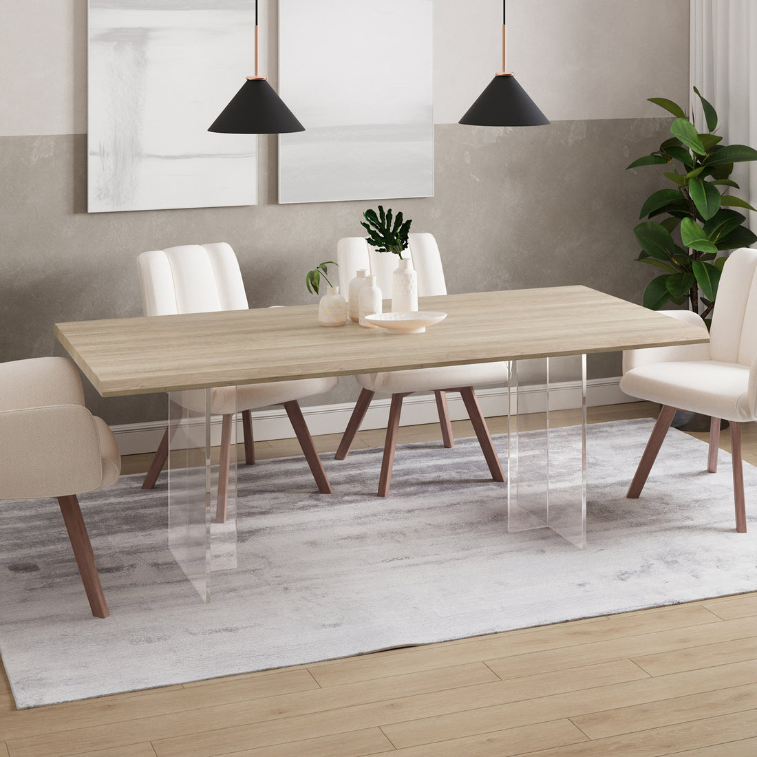 Bruno 200cm Acrylic Floating Dining Table features a sleek, transparent design with clear acrylic legs, creating a modern, airy look. Ideal for dining or office spaces.