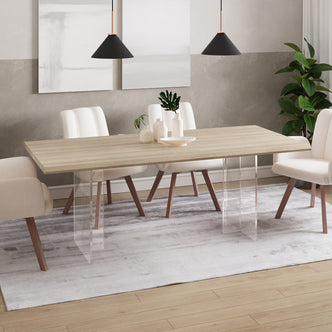 Bruno 200cm Acrylic Floating Dining Table features a sleek, transparent design with clear acrylic legs, creating a modern, airy look. Ideal for dining or office spaces.