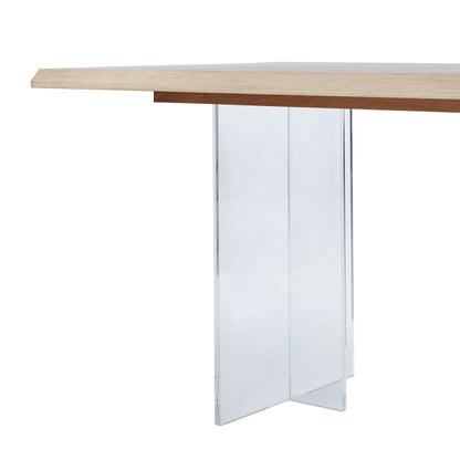 Bruno 200cm Acrylic Floating Dining Table Natural with a sleek rectangular wooden top and transparent acrylic legs, creating a modern, floating effect suitable for contemporary spaces.