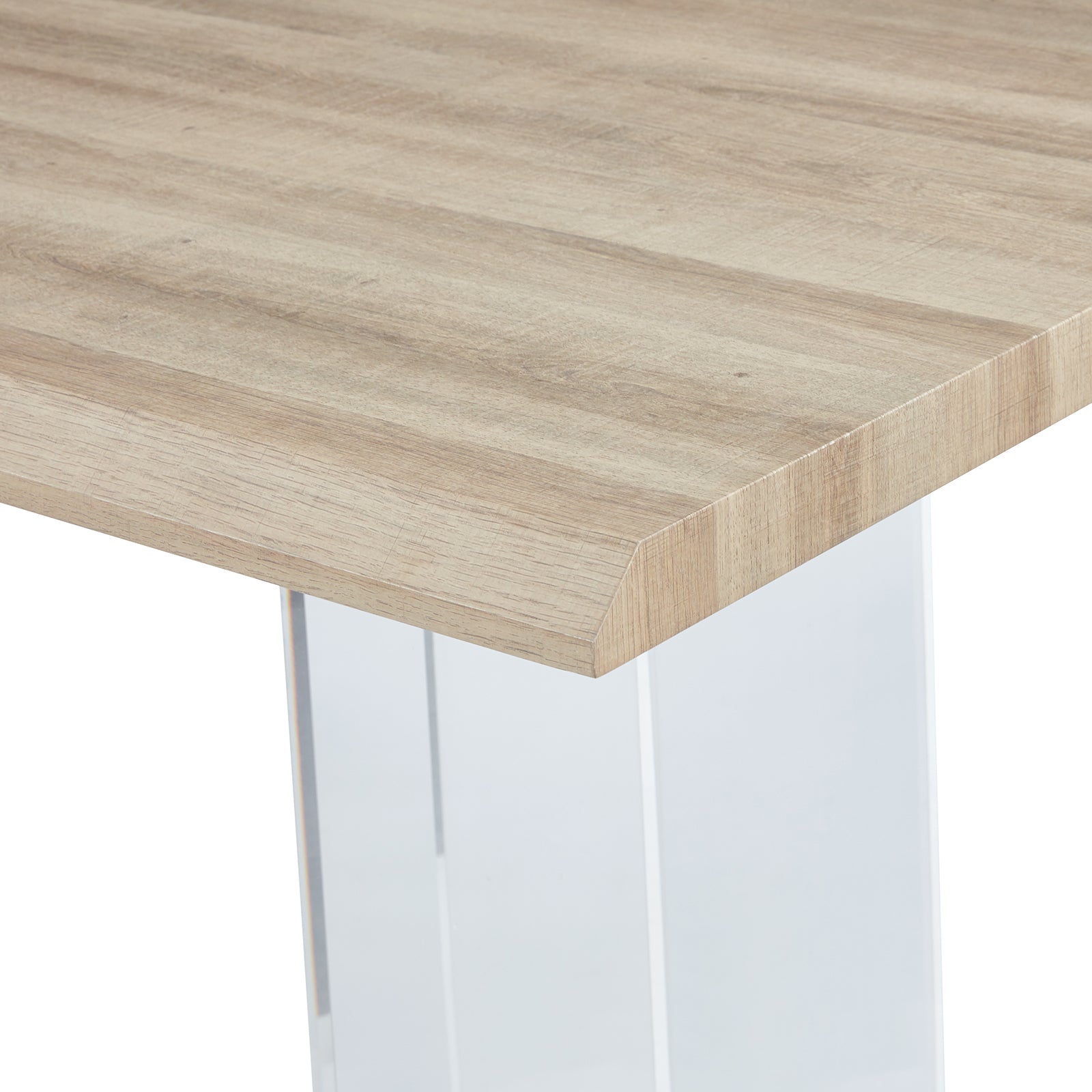 Bruno 200cm Acrylic Floating Dining Table Natural with a sleek concrete or timber-look top and transparent acrylic legs, creating a contemporary floating effect ideal for modern spaces.