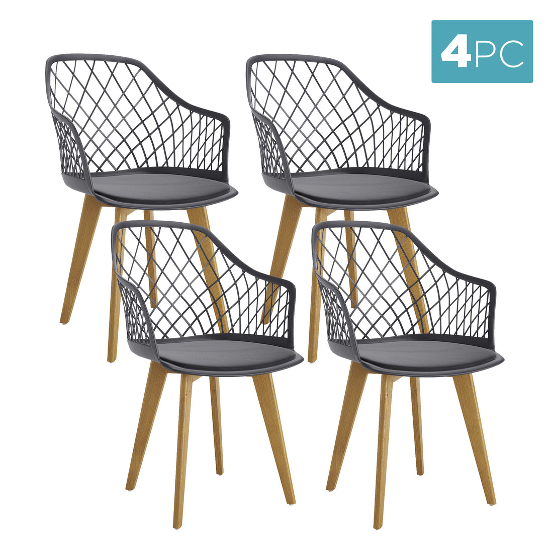 Caesar Beech Dining Chair Set of 4 features modern-style chairs with black lattice backs, integrated armrests, thin seat cushions, and light-wood-tone legs, perfect for enhancing dining spaces.