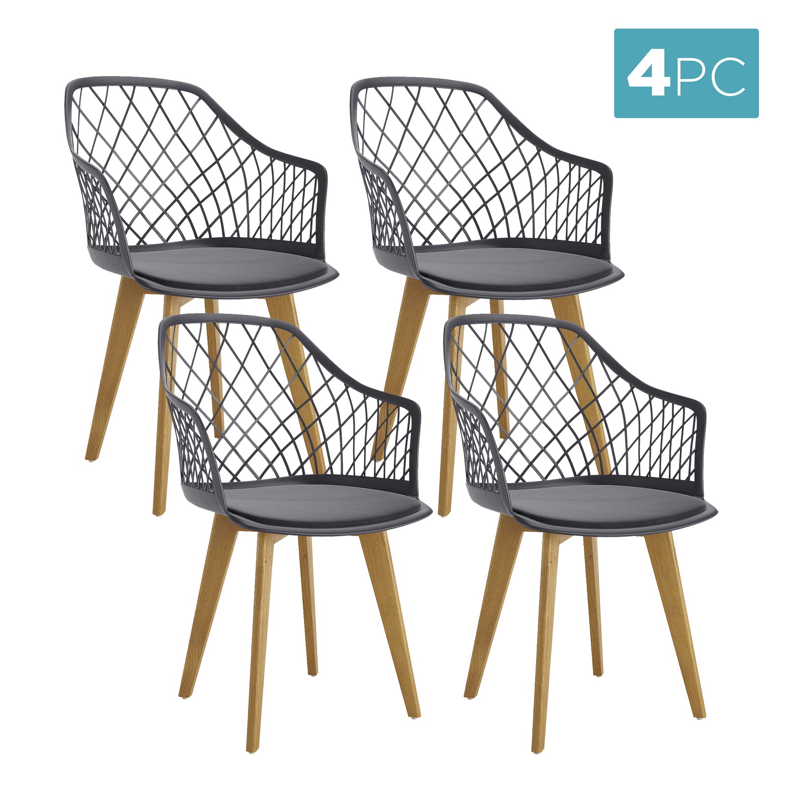 Caesar Beech Dining Chair Set of 4 features modern-style chairs with black lattice backs, integrated armrests, thin seat cushions, and light-wood-tone legs, perfect for enhancing dining spaces.