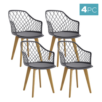 Caesar Beech Dining Chair Set of 4 features modern-style chairs with black lattice backs, integrated armrests, thin seat cushions, and light-wood-tone legs, perfect for enhancing dining spaces.