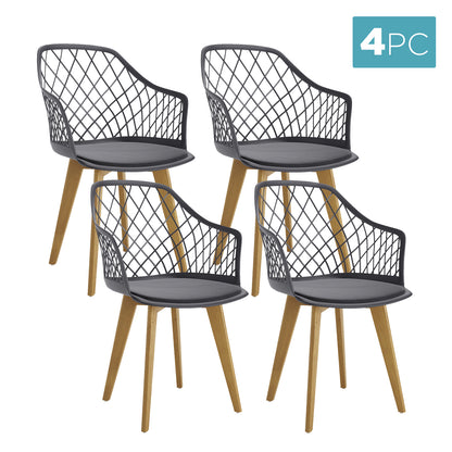 Caesar Beech Dining Chair Set of 4 features modern-style chairs with black lattice backs, integrated armrests, thin seat cushions, and light-wood-tone legs, perfect for enhancing dining spaces.