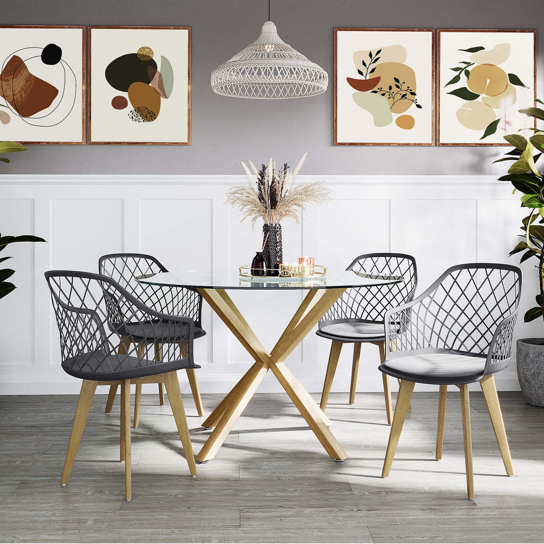Caesar Beech Dining Chair Set of 4 in Dark Charcoal around a glass-top table, featuring molded seats, open-mesh backs, and wooden legs with metal caps, in a modern dining-room setup.