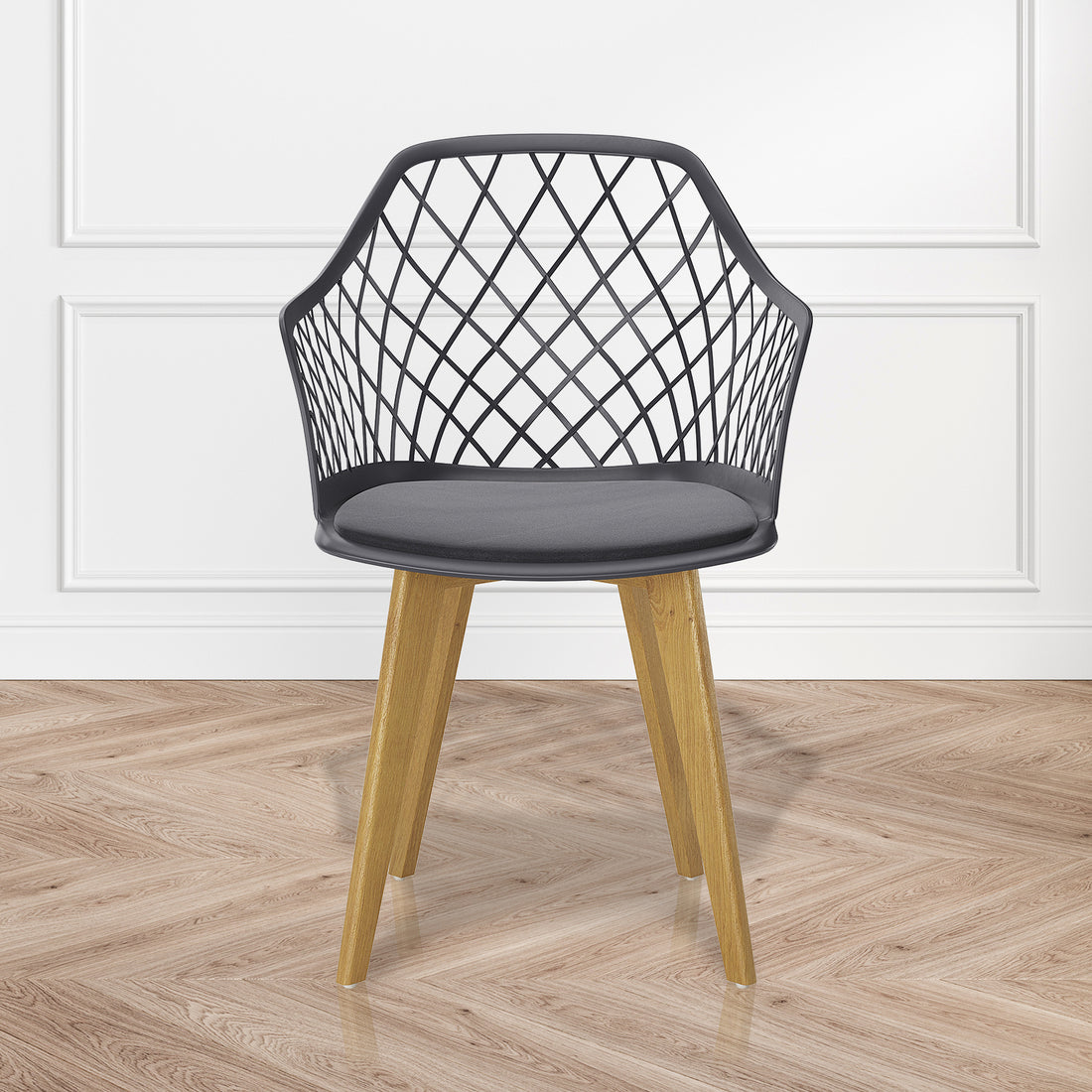 Caesar Beech Dining Chair Set of 4 in Dark Charcoal features a modern black lattice-patterned plastic seat with a velvet cushion, supported by sturdy beech wood legs, ideal for stylish dining spaces.
