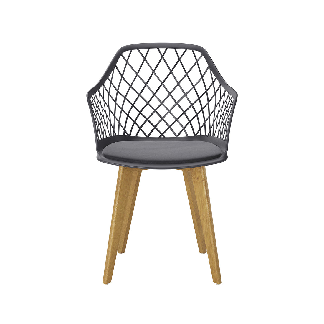 Caesar Beech Dining Chair Set of 4 in Dark Charcoal features a modern black lattice-patterned plastic seat with a round cushion, supported by natural-finish solid wood legs for a stylish, comfortable dining experience.