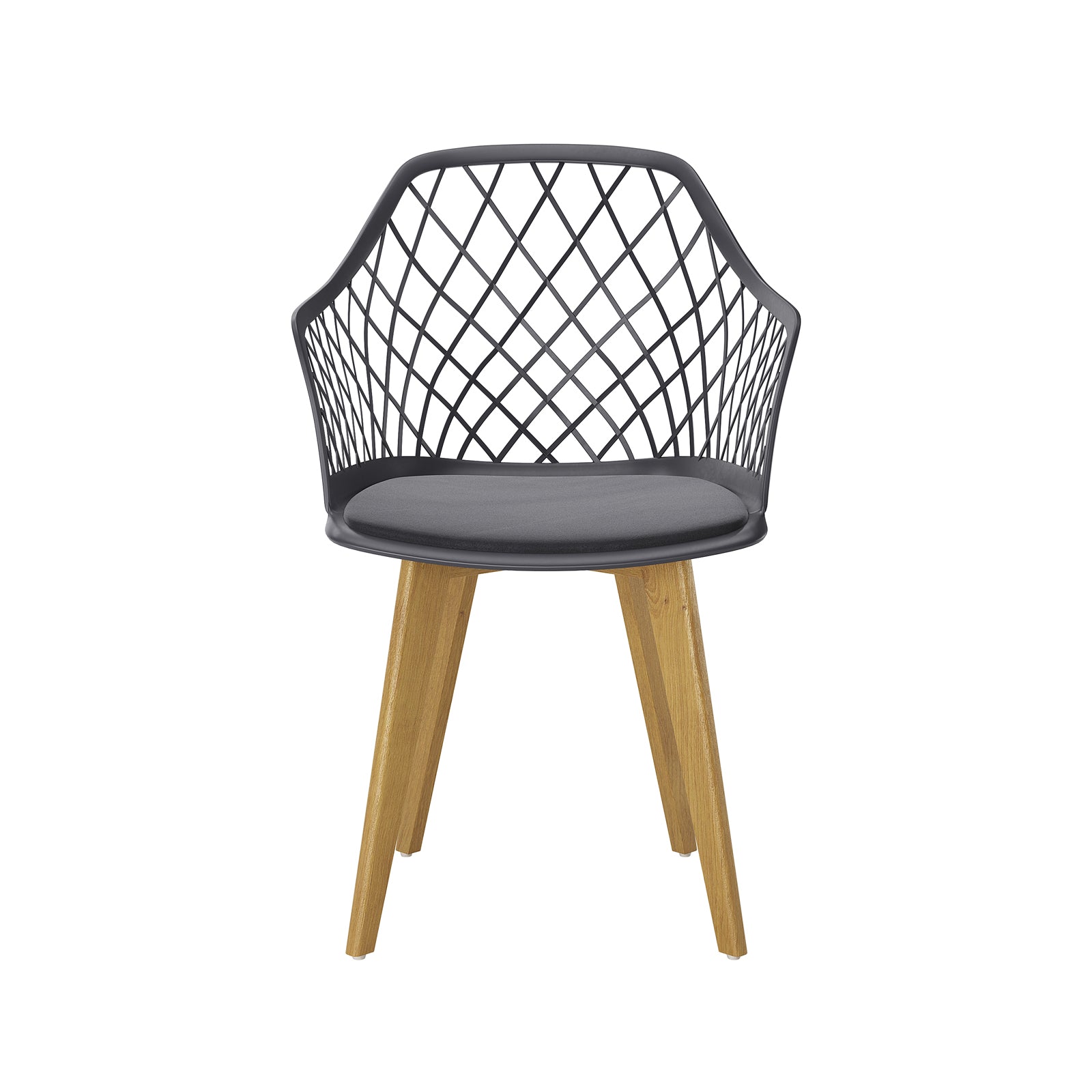 Caesar Beech Dining Chair Set of 4 in Dark Charcoal features a modern black lattice-patterned plastic seat with a round cushion, supported by natural-finish solid wood legs for a stylish, comfortable dining experience.