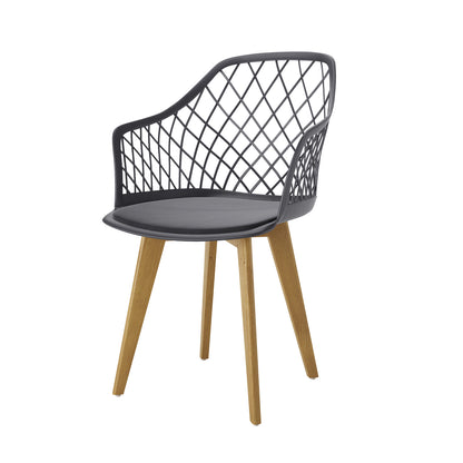 Caesar Beech Dining Chair Set of 4 in Dark Charcoal features a modern arm-style with a black lattice back, soft velvet cushion, and angled wooden legs, perfect for contemporary dining spaces.
