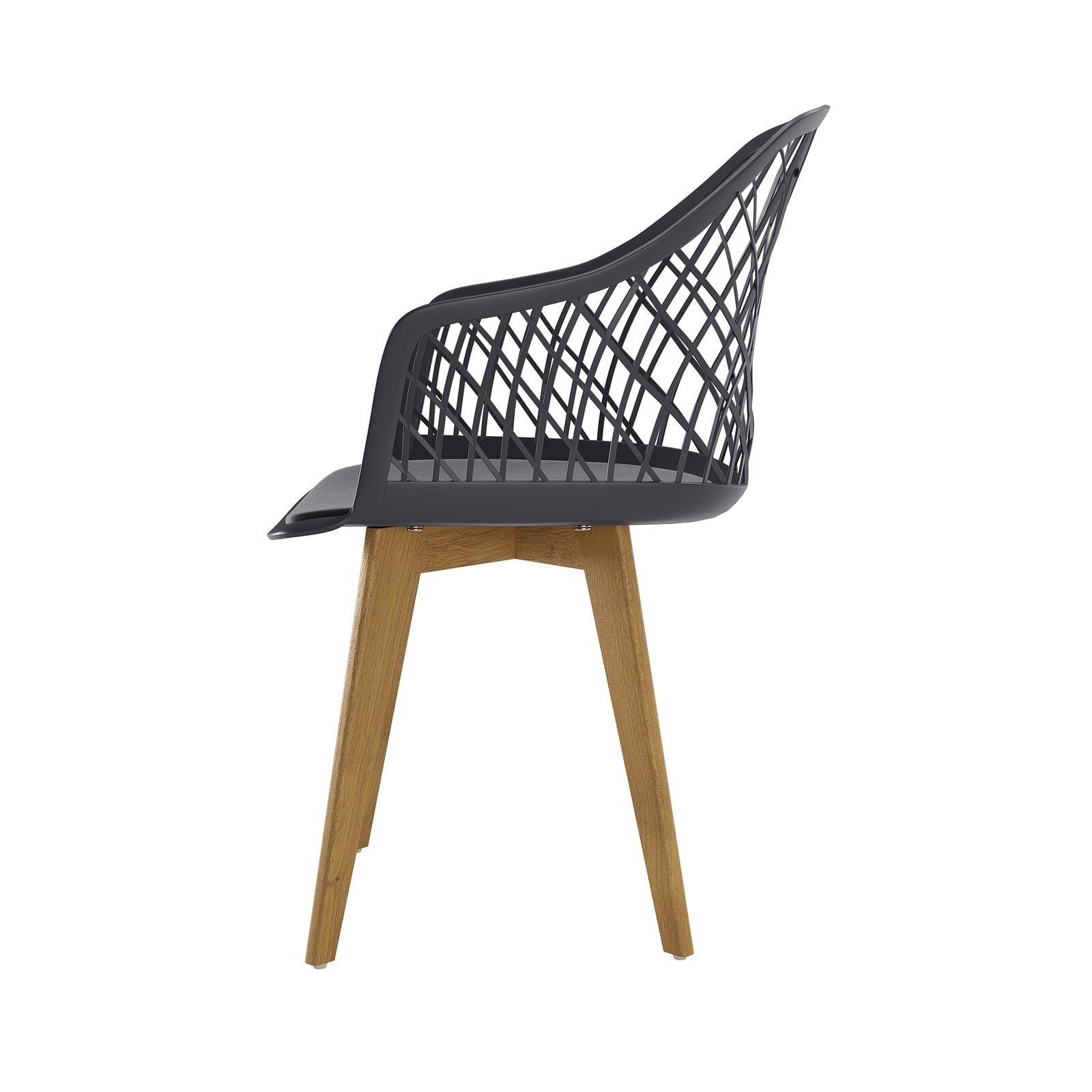 Caesar Beech Dining Chair Set of 4 in Dark Charcoal features a sculpted black plastic shell with a criss-cross backrest, splayed wooden legs, and a subtle inset seat cushion for comfort.