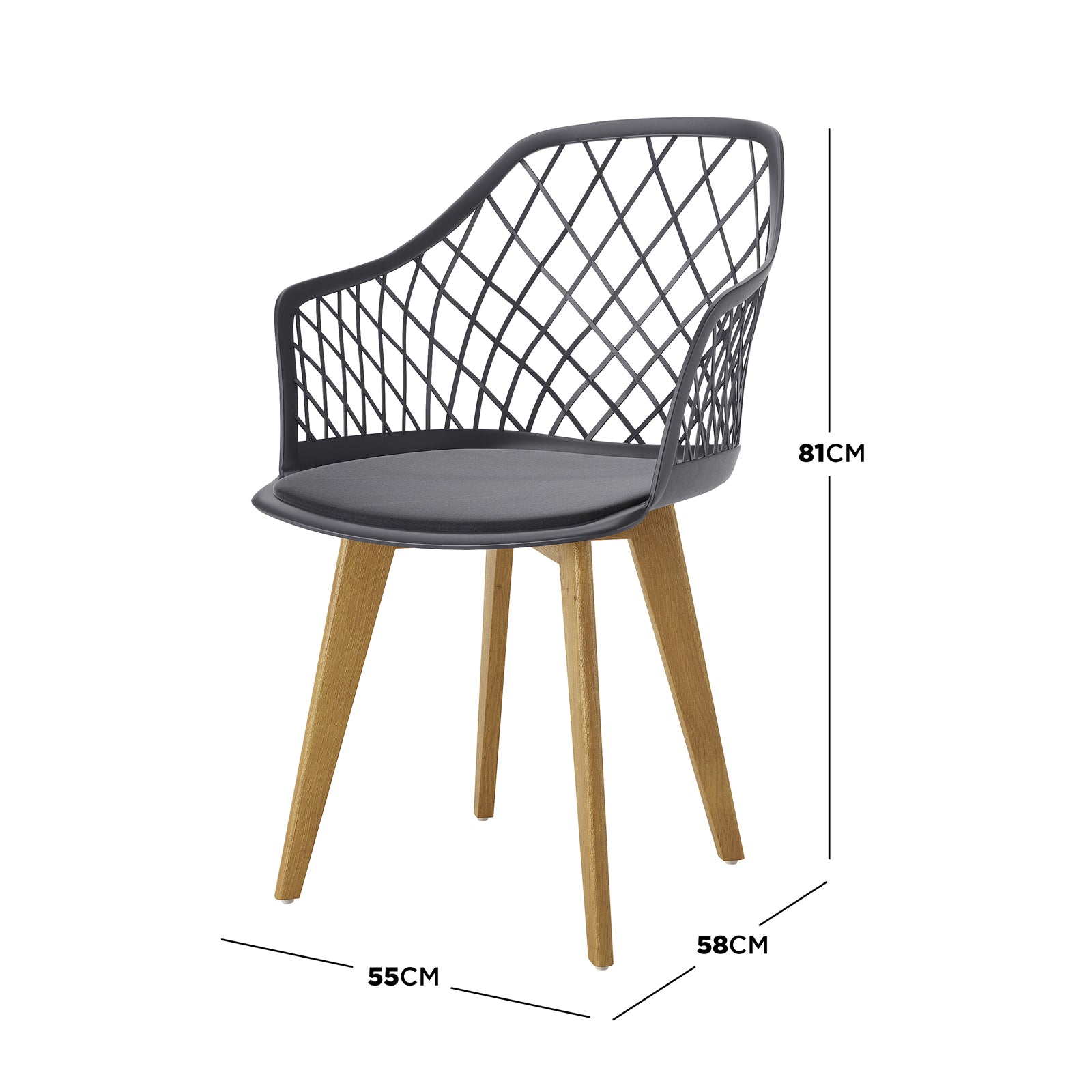 Caesar Beech Dining Chair Set of 4 in Dark Charcoal features black geometric-patterned polypropylene shell, thin black seat cushions, and splayed light oak wooden legs, offering modern style and comfort.