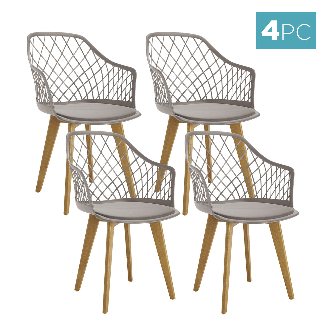 Caesar Beech Dining Chair Set of 4 in Grey, featuring modern scoop-shaped shells with lattice backrests, smooth padded cushions, and splayed wooden legs, enhancing dining style and comfort.