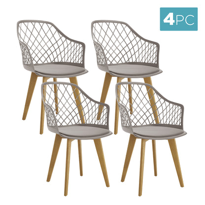 Caesar Beech Dining Chair Set of 4 in Grey, featuring modern scoop-shaped shells with lattice backrests, smooth padded cushions, and splayed wooden legs, enhancing dining style and comfort.