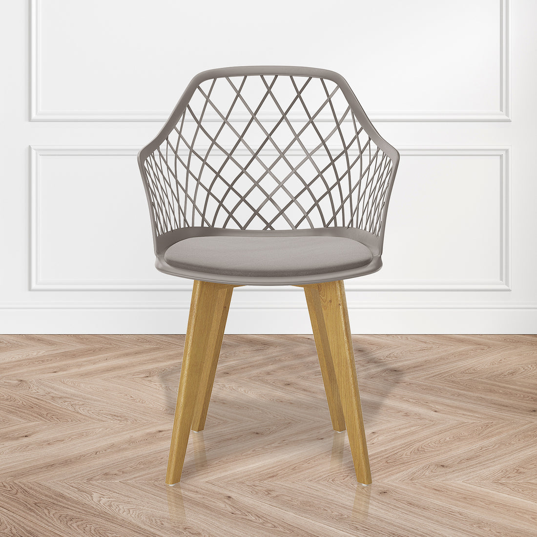 Caesar Beech Dining Chair Set of 4 in Grey, featuring a modern design with a crisscrossing open-lattice backrest, natural wood legs, and a slim cushion, on a herringbone wood floor.
