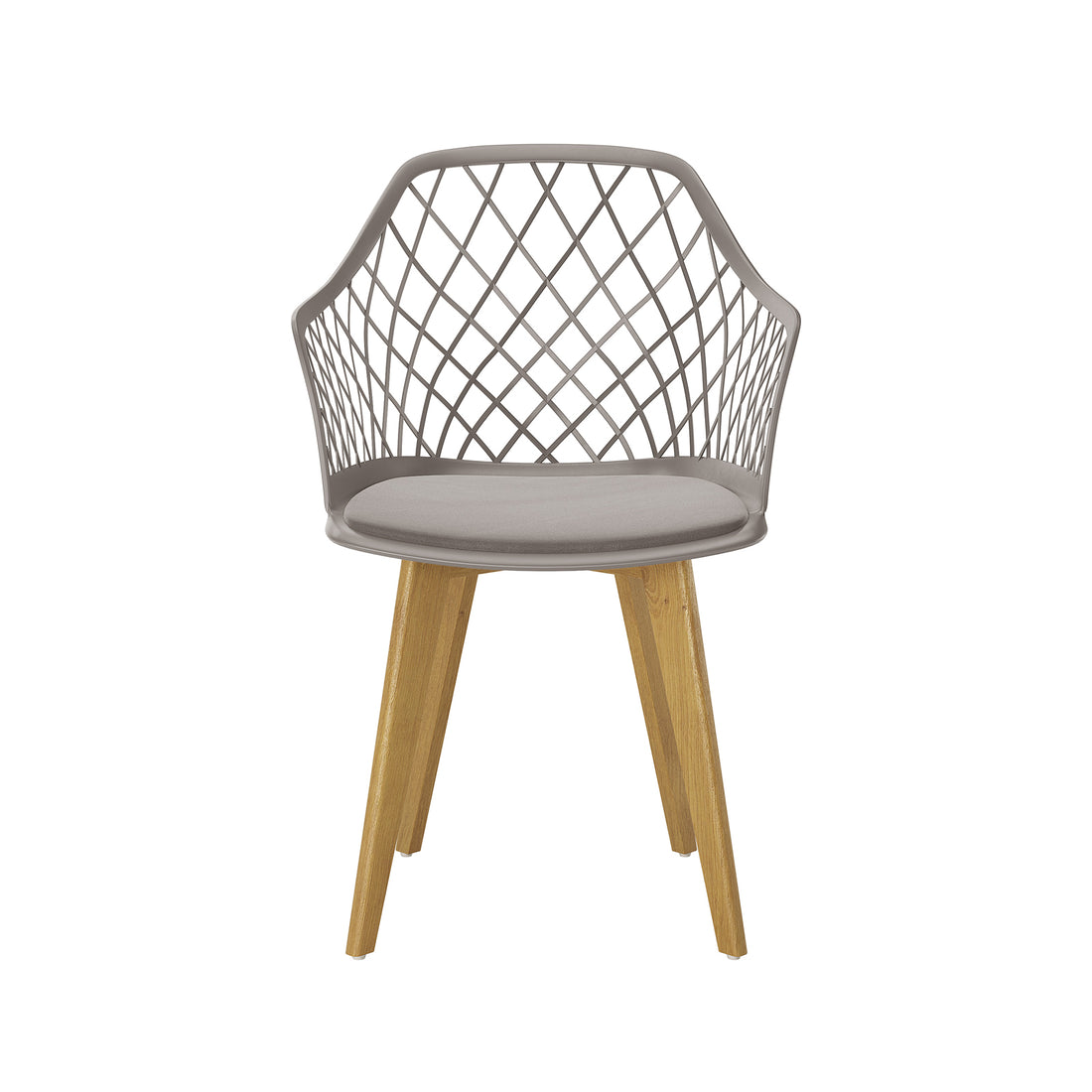 Caesar Beech Dining Chair Set of 4 in Grey, featuring a modern design with a gray lattice-pattern seat and armrest, thin seat pad, and sturdy splayed beech wood legs for style and comfort.