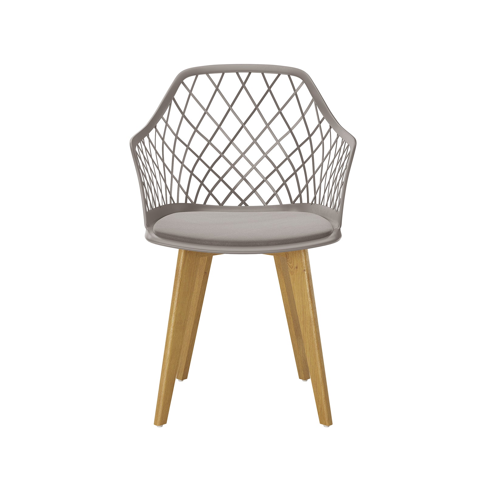 Caesar Beech Dining Chair Set of 4 in Grey, featuring a modern design with a gray lattice-pattern seat and armrest, thin seat pad, and sturdy splayed beech wood legs for style and comfort.