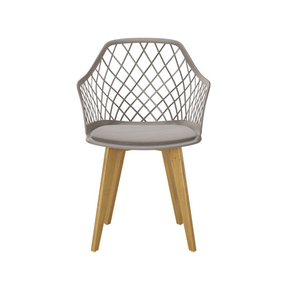 Caesar Beech Dining Chair Set of 4 in Grey, featuring a modern design with a gray lattice-pattern seat and armrest, thin seat pad, and sturdy splayed beech wood legs for style and comfort.