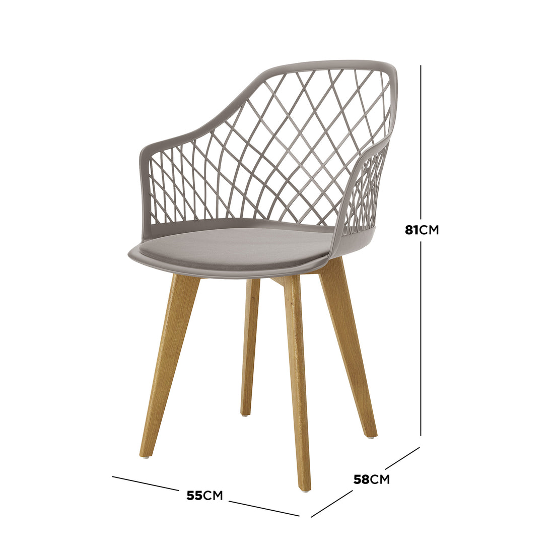Caesar Beech Dining Chair Set of 4 in Grey features a diamond-mesh backrest, slim upholstered seat pad, and splayed light-oak legs, with dimensions highlighted against a clean white background.