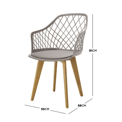 Caesar Beech Dining Chair Set of 4 in Grey features a diamond-mesh backrest, slim upholstered seat pad, and splayed light-oak legs, with dimensions highlighted against a clean white background.