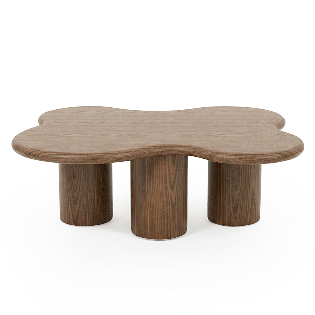 Modern clover-shaped wooden coffee table on white background