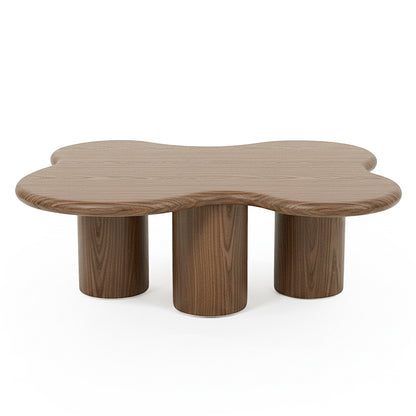 Modern clover-shaped wooden coffee table on white background
