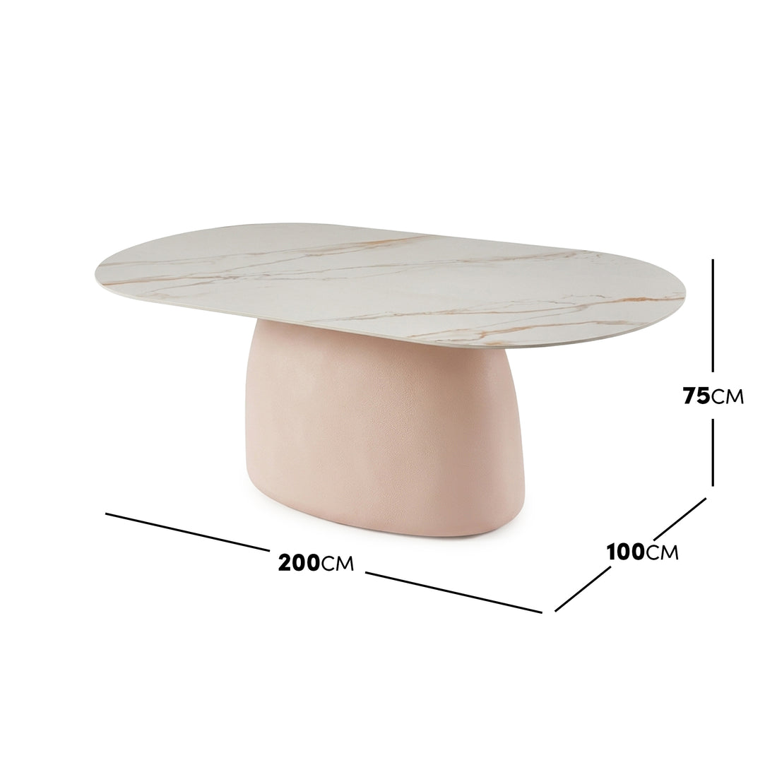 Oval table on white background with dimensions shown: 200 cm by 100 cm by 75 cm