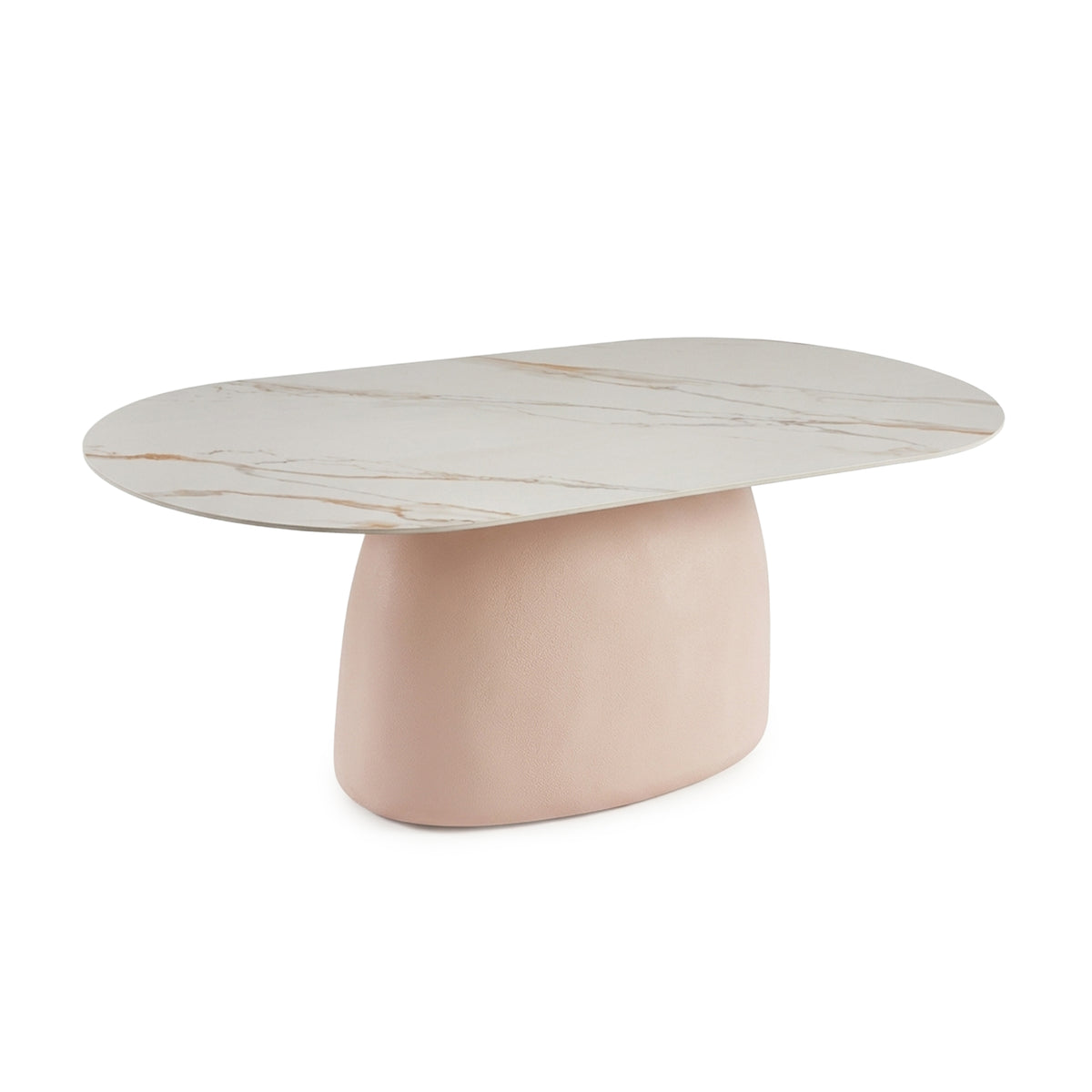 Oval coffee table with marble-patterned top and blush pink base on a white background