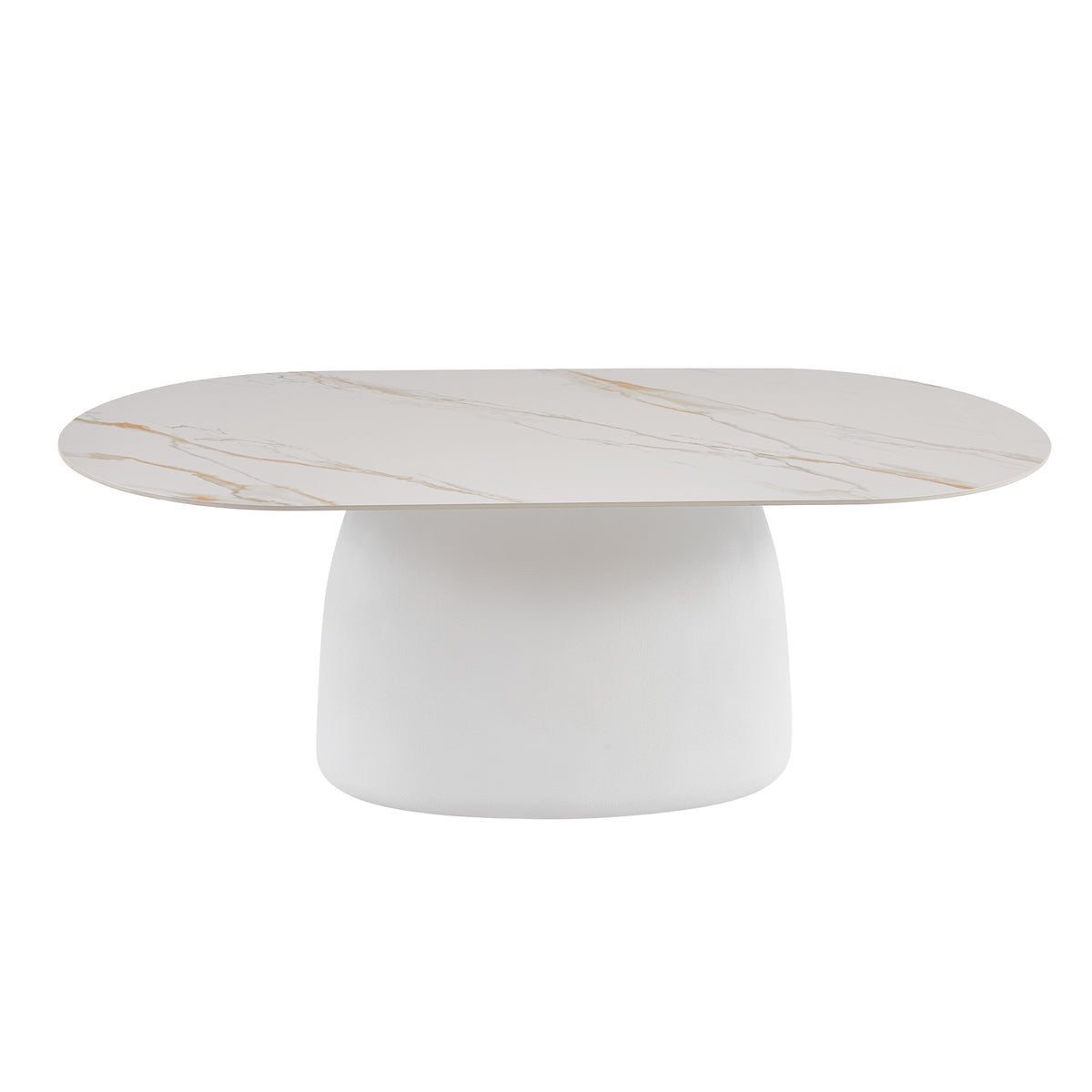 Modern oval coffee table with white marble-look top and rounded base on a white background