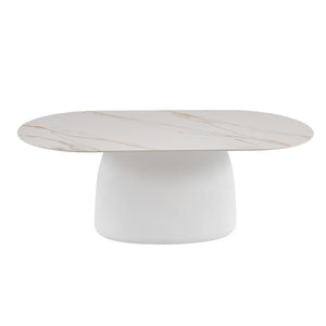 Modern oval coffee table with white marble-look top and rounded base on a white background