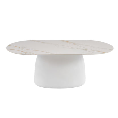 Modern oval coffee table with white marble-look top and rounded base on a white background