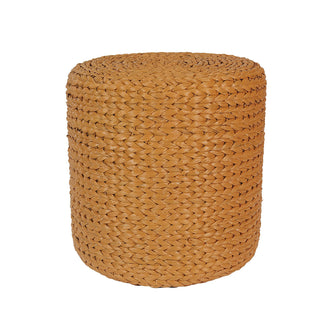 Carla 40cm Water Hyacinth Pouffe Ottoman - Honey, a small round ottoman with tightly braided natural fibers, perfect as a footstool, extra seat, or casual side table.