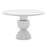 Carmen 120cm Indoor-Outdoor Concrete Dining Table - White features a smooth, round top resting on an artistic, curved pedestal base, ideal for stylish indoor or outdoor dining experiences.