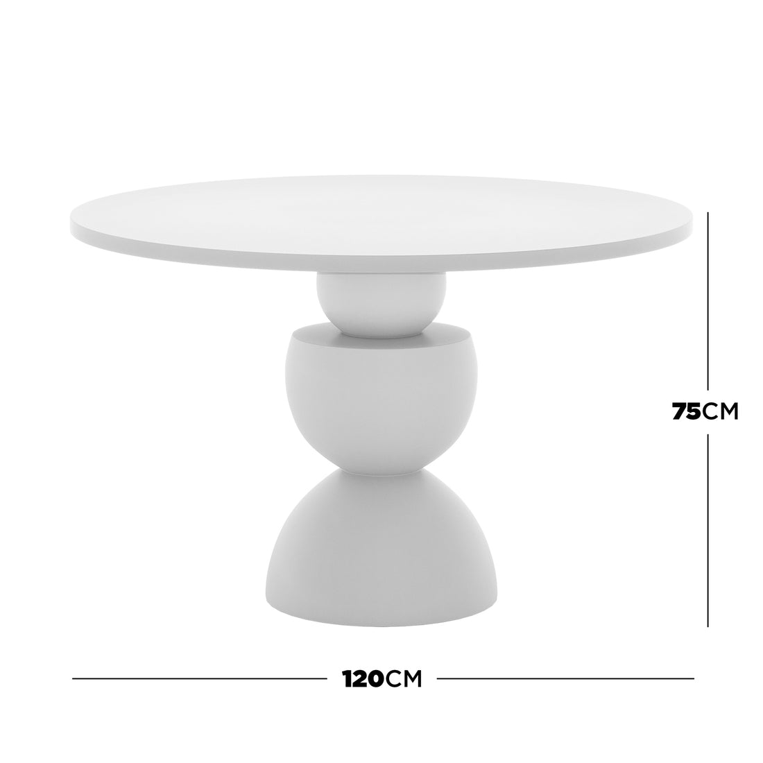 Carmen 120cm Indoor-Outdoor Concrete Dining Table - White with a round top and artistic, curvy base, designed for stylish durability in both indoor and outdoor settings.