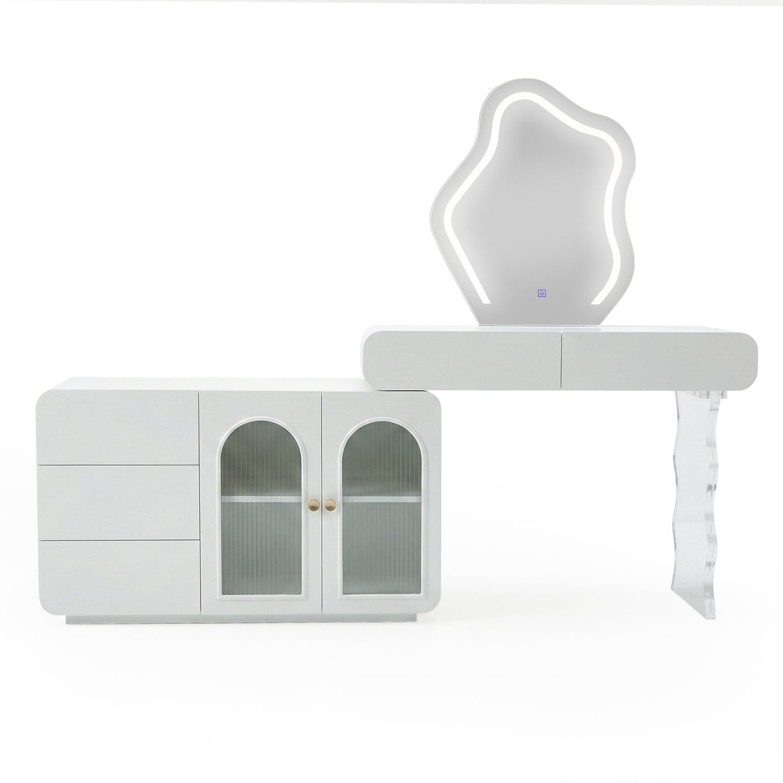 White modular vanity with drawers, cabinets, and irregular LED mirror on white background