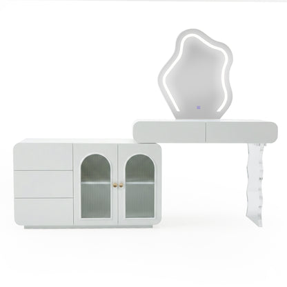 White modular vanity with drawers, cabinets, and irregular LED mirror on white background