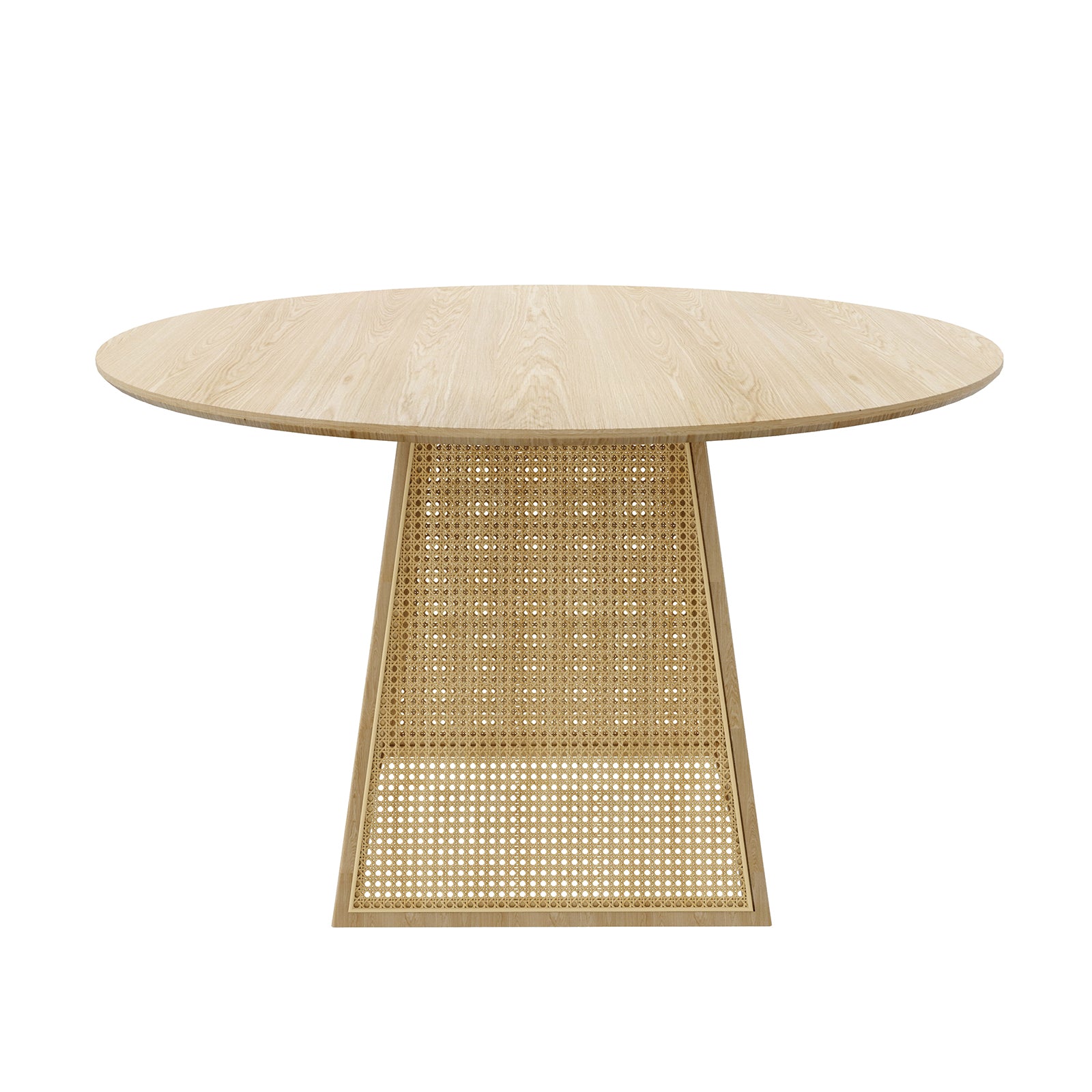 Casey 120cm Round Rattan Dining Table in Natural, featuring a light-toned wood tabletop and a pedestal base with inset woven cane panels, ideal for modern and elegant dining spaces.