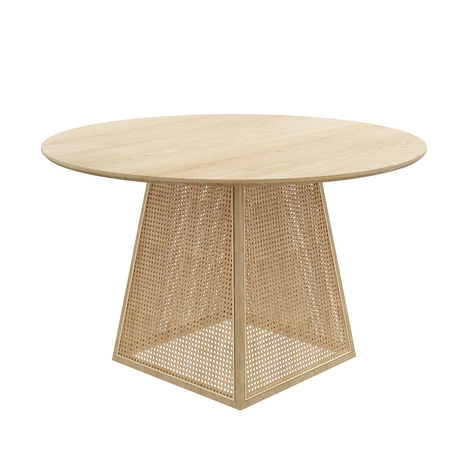 Casey 120cm Round Rattan Dining Table in Natural features a light-wood top and a pedestal base with angled wood panels filled with woven cane mesh, creating an airy, natural look.