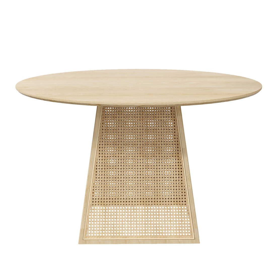 Casey 120cm Round Rattan Dining Table in Natural features a light-wood circular top with a tapered pedestal base, accentuated by woven rattan panels, blending modern elegance and natural design.