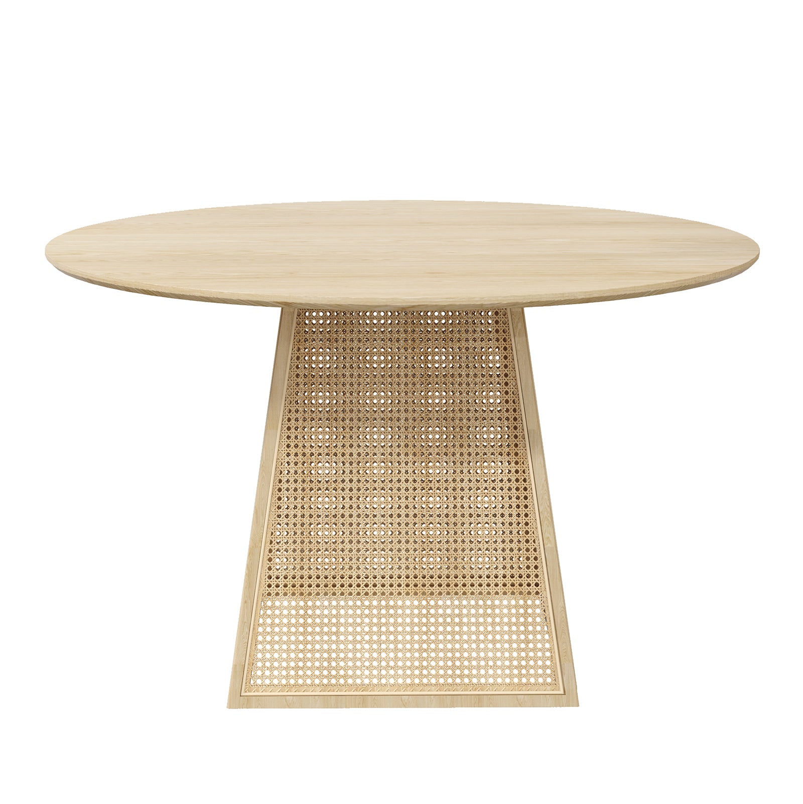 Casey 120cm Round Rattan Dining Table in Natural features a light-wood circular top with a tapered pedestal base, accentuated by woven rattan panels, blending modern elegance and natural design.