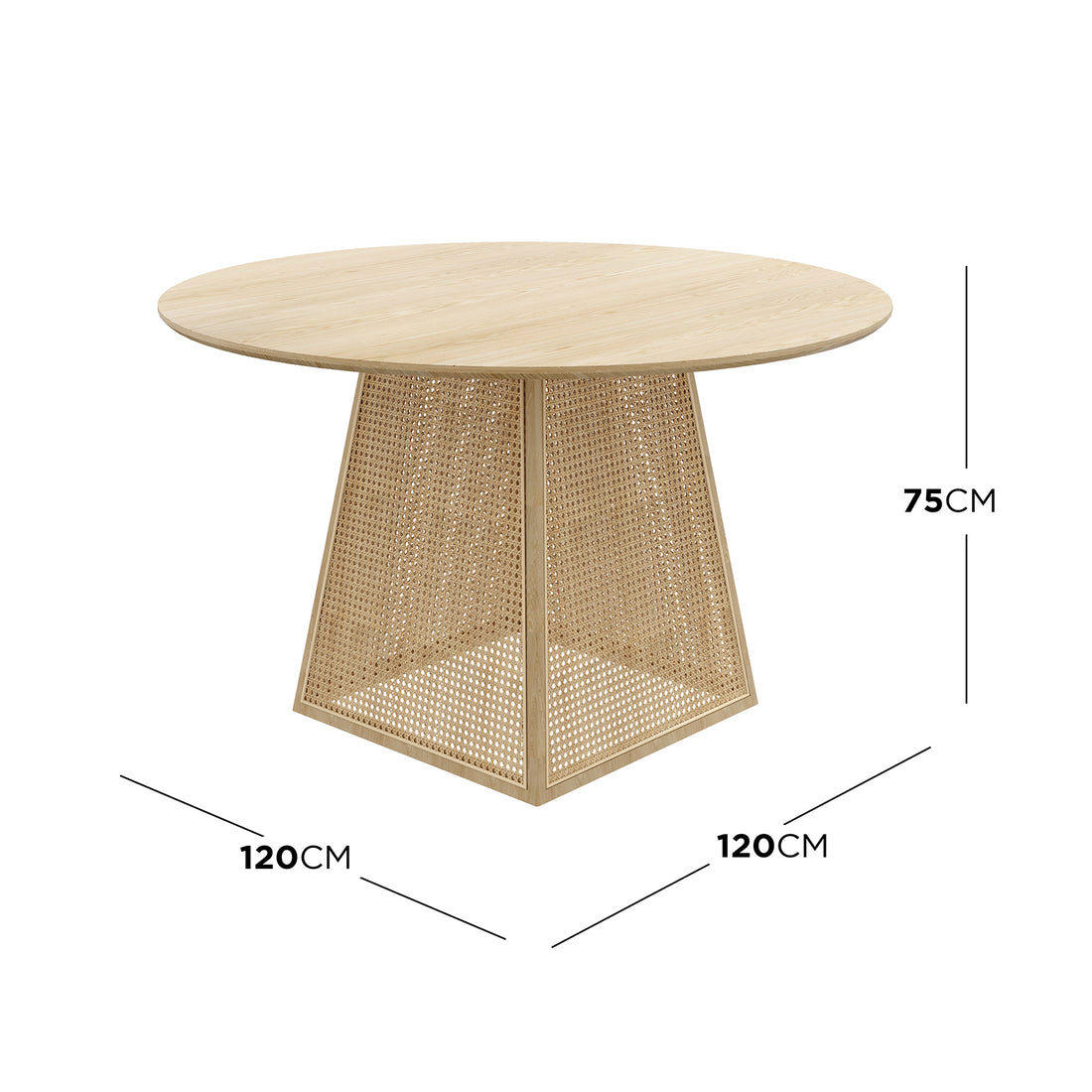 Casey 120cm Round Rattan Dining Table in Natural features a circular light-toned wood tabletop and a pyramidal base with inset rattan weave, showcasing contemporary elegance and seating for four.
