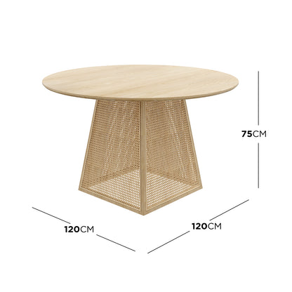 Casey 120cm Round Rattan Dining Table in Natural features a circular light-toned wood tabletop and a pyramidal base with inset rattan weave, showcasing contemporary elegance and seating for four.