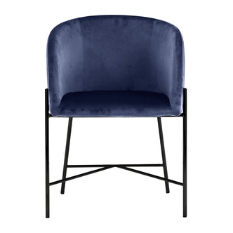 Catford Velvet Fabric Dining Chair Blue with sleek design features plush upholstery, curved seat, and sturdy gold-accented black legs, showcasing modern elegance and comfort for dining or living spaces.