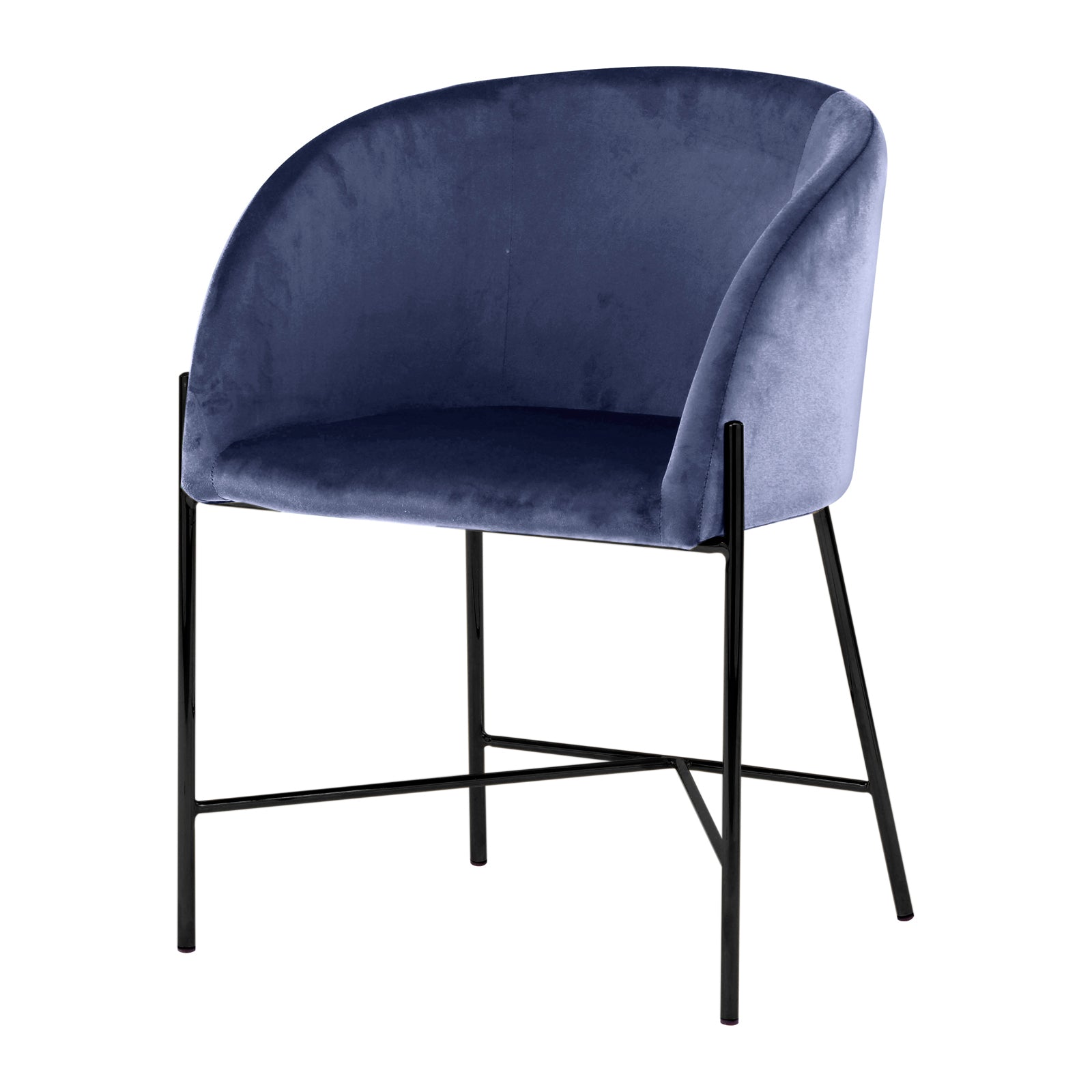Catford Velvet Fabric Dining Chair Blue featuring a sleek, curved seat with plush velvet upholstery, complemented by sturdy black legs. Ideal for modern dining spaces, offering both style and comfort.