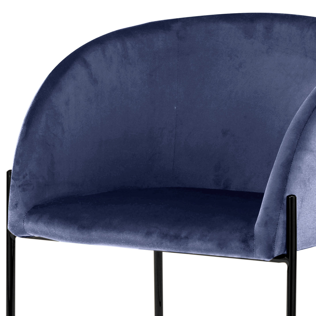 Catford Velvet Fabric Dining Chair Blue with sleek black legs, showcasing soft velvet texture and a curved seat design, perfect for modern or mid-century interiors.