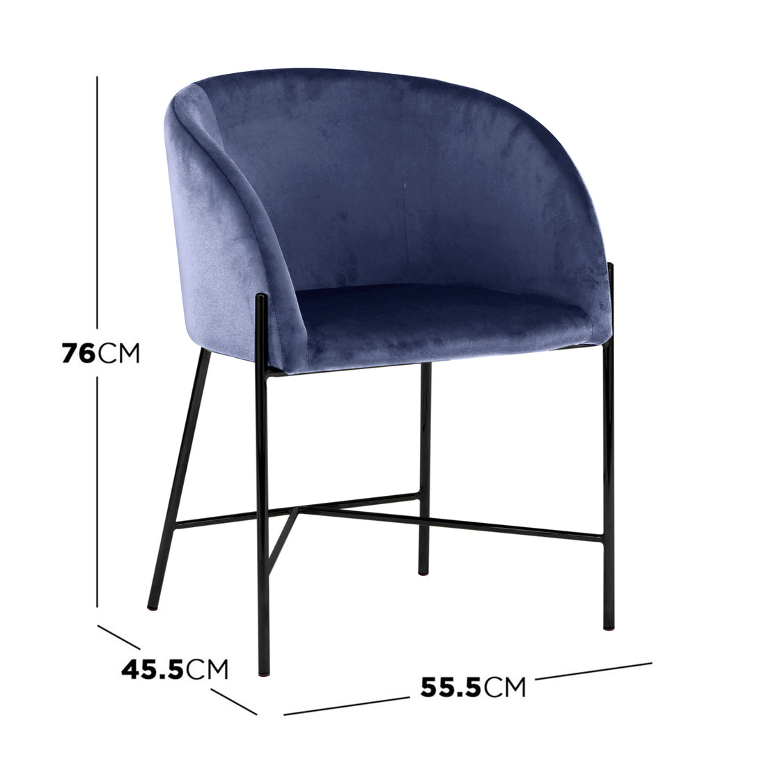 Catford Velvet Fabric Dining Chair Blue with sleek black legs, featuring a curved seat in soft velvet, designed for modern and mid-century interiors, adding style and comfort to any room.
