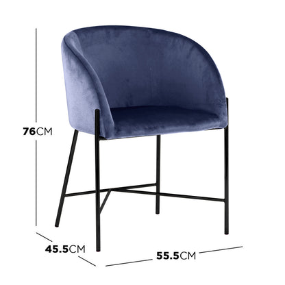 Catford Velvet Fabric Dining Chair Blue with sleek black legs, featuring a curved seat in soft velvet, designed for modern and mid-century interiors, adding style and comfort to any room.