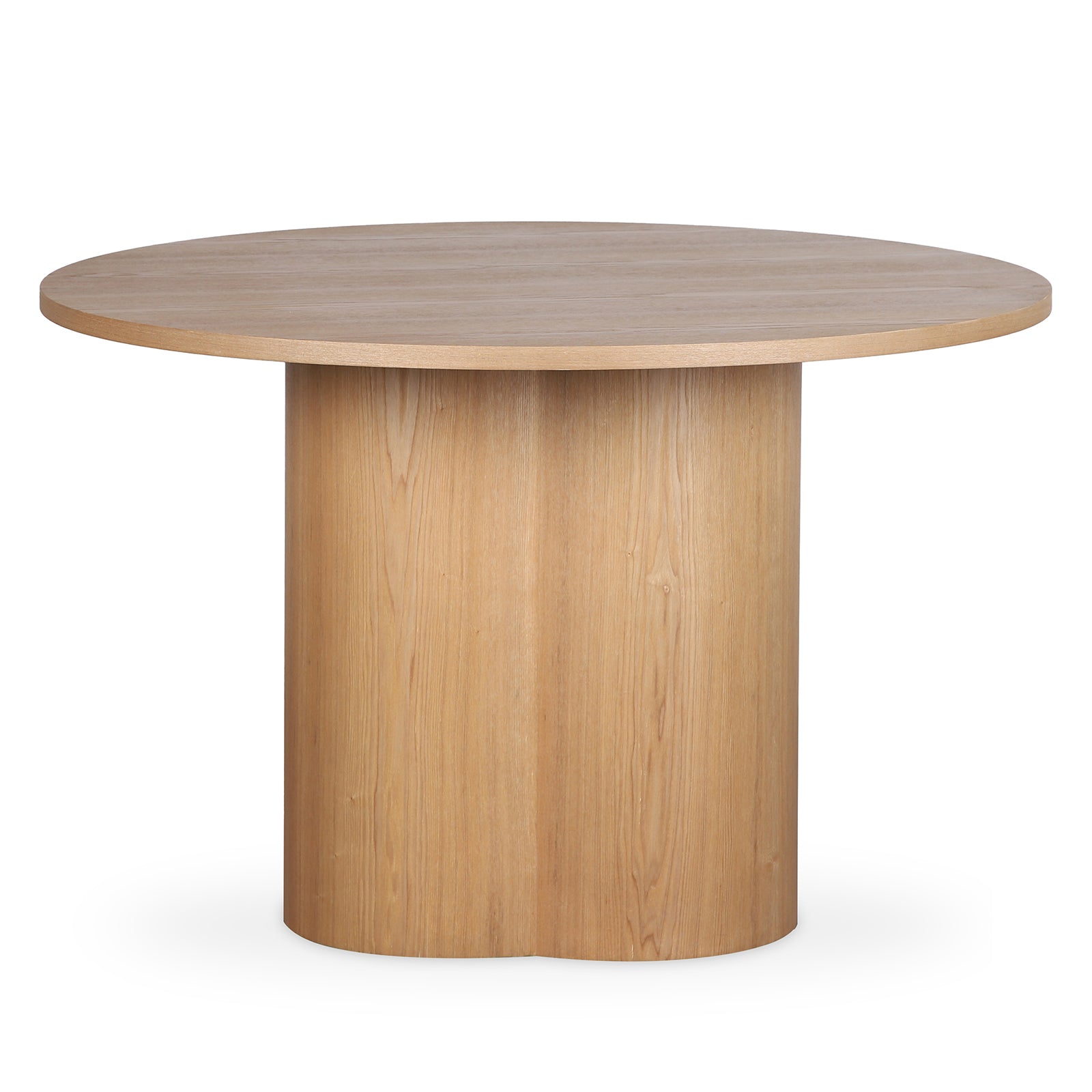 Cece 120cm Round Wooden Dining Table in Oak features a minimal design with a smooth circular top and sturdy cylindrical pedestal base, showcasing a light natural wood finish for modern simplicity.