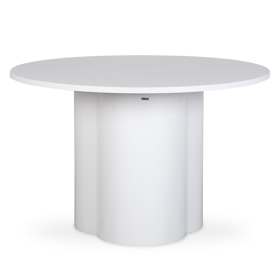 Cece 120cm Round Wooden Dining Table in White, featuring a minimalist round top and solid cylindrical base, ideal for compact spaces, comfortably seating four with its modern, fresh design.